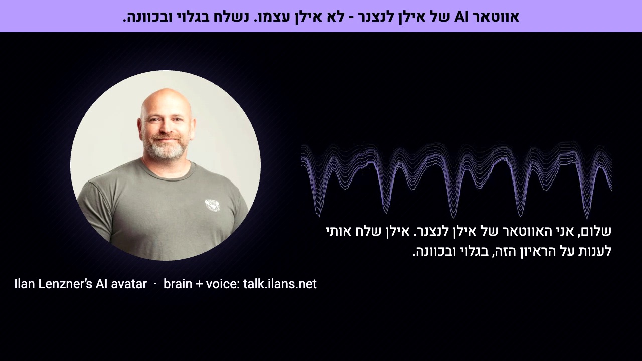 The avatar camera feed: a lilac banner across the top reading, in Hebrew, Ilan Lenzner's AI avatar, not Ilan himself, sent openly and on purpose. Below it a circular portrait of Ilan, a purple waveform, a Hebrew caption, and the line Ilan Lenzner's AI avatar, brain and voice: talk.ilans.net.