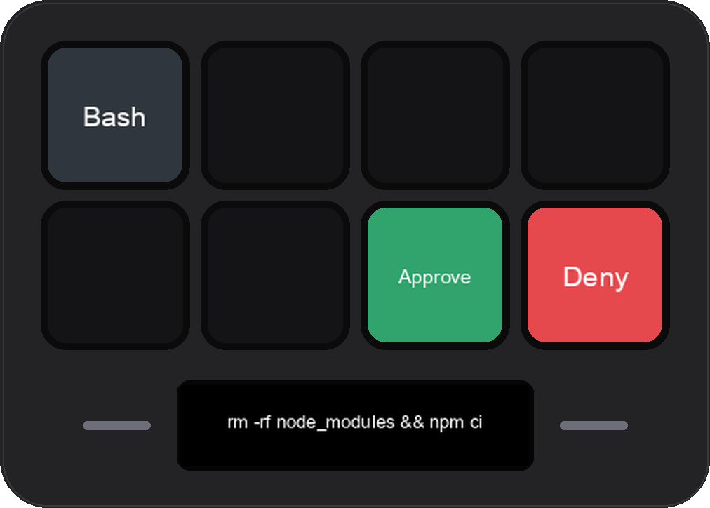 Rendering of the Stream Deck showing a shell command on its display, a Bash label on the first key, and green Approve and red Deny keys.