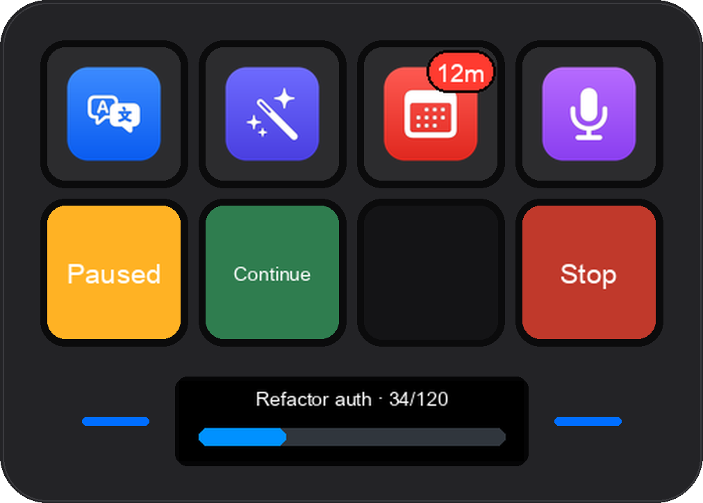 Rendering of an agent task under control: a progress bar reading Refactor auth 34 of 120 on the display, and Paused, Continue and Stop keys on the bottom row.