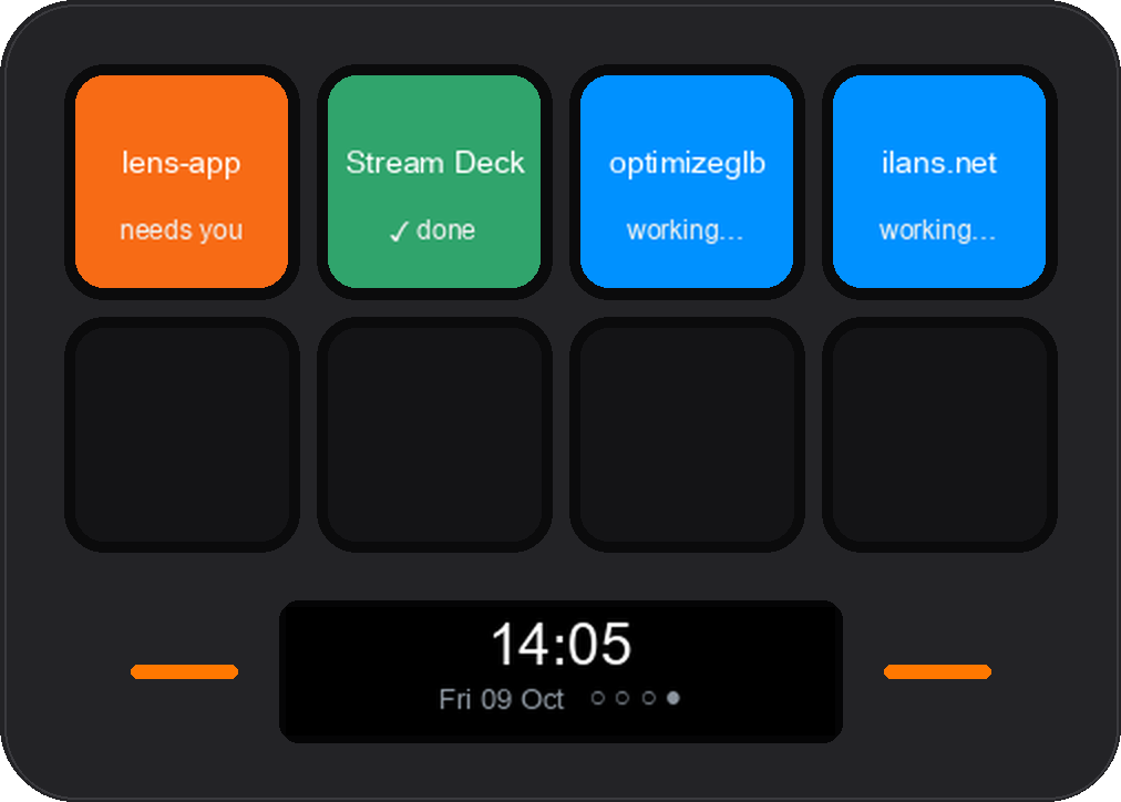 Rendering of the sessions page: four coloured keys, one orange needing input, one green finished and two blue still working.