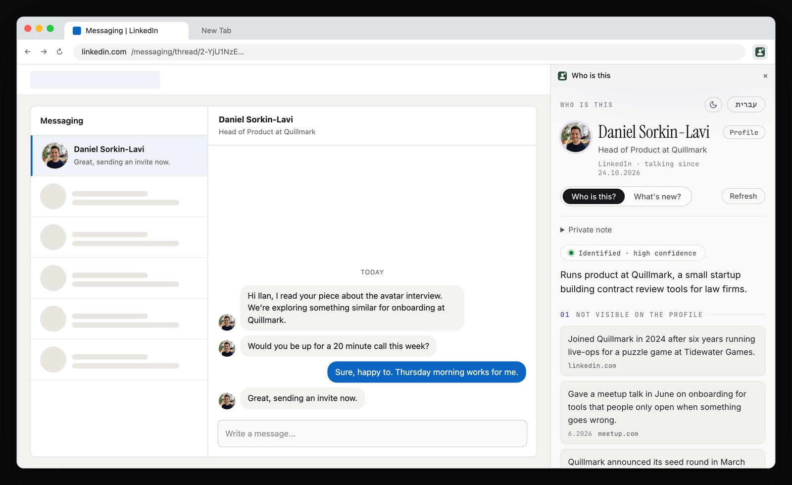 A Chrome window on linkedin.com/messaging with a conversation from Daniel Sorkin-Lavi asking for a call. Docked on the right, the Who is this side panel shows his photo and name, a green Identified, high confidence pill, a one-line summary, and sourced facts under the label Not visible on the profile.