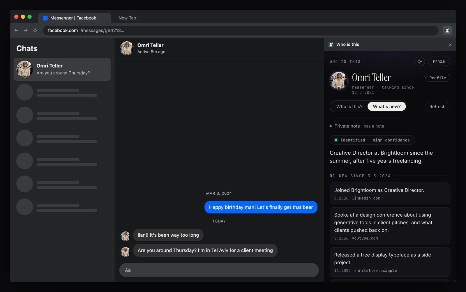 A Chrome window on facebook.com/messages with a Messenger chat with Omri Teller, where the last message before today is from March 2024. The panel is in What's new mode, with the label New since 3.3.2024 and four dated items: a new Creative Director role, a conference talk, a typeface side project, and closing his freelance studio.